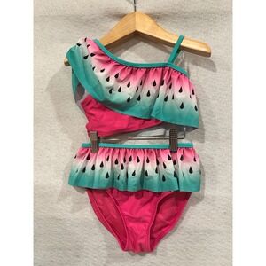 Wave Zone Girls Watermelon Ruffle Two Piece Swimsuit Pink Green 5T
